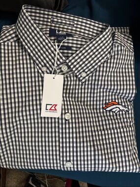 Cutter & Buck Men’s Navy and White Check Button-Down Shirt - Denver Broncos Logo